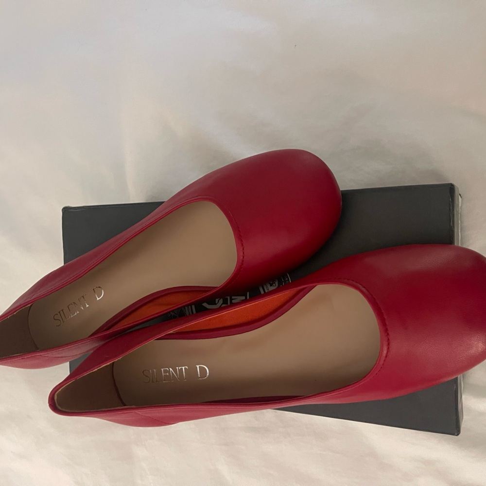 Red leather shoes. New